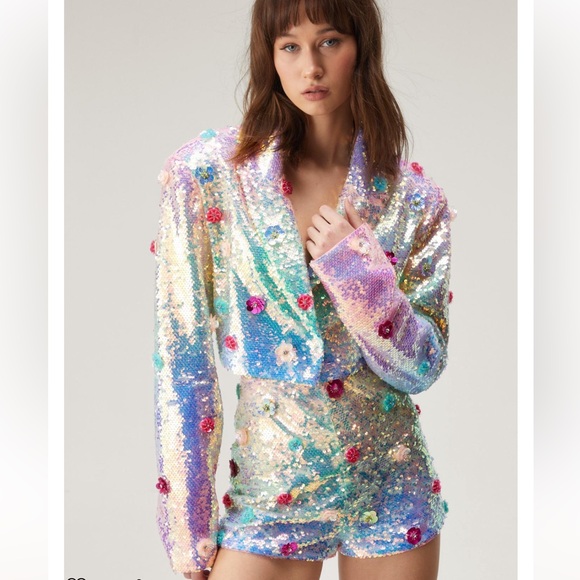 Nasty Gal Premium Floral Embellished Pink Iridescent Sequin Cropped Blazer 12 - Picture 6 of 16